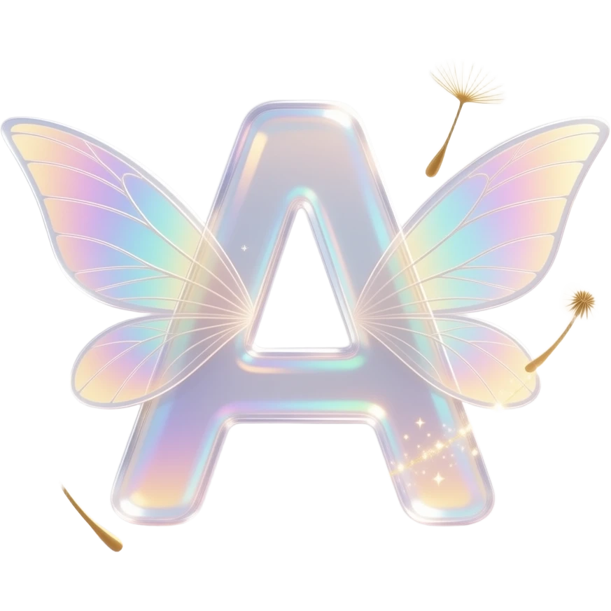 A glowing letter 'A' made of translucent fairy-wing material with iridescent veins. Tiny floating sparkles and golden dandelion seeds orbit the letter. Ethereal, dreamy, soft-focus background, 8k resolution. emoji