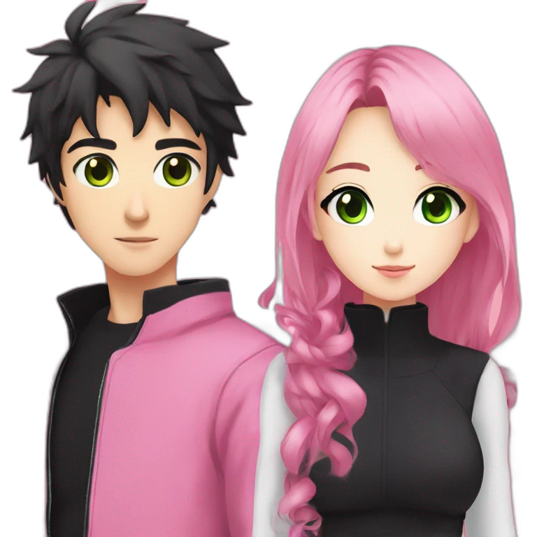 pretty anime girl with pink ninja clothes and cute makeup alongside a man that is taller than her in completely black clothing and has green eyes emoji