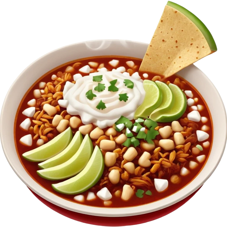 A delicious hot bowl of pozole rojo emoji. Steam rising. Hominy visible. Place the sides next to the bowl: chopped onions, shredded cabbage, lime wedges, red chile de arbol salsa, and full round tostadas with a light smear of sour cream emoji