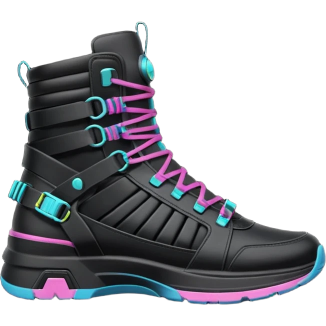 8k quailty, 8000x8000px resolution, highly detailed, ultra realistic, isolated, Women's trendy high top black color sneakers with cyberpunk style shoelaces and cyberpunk style elements, side view, 2D rendering emoji