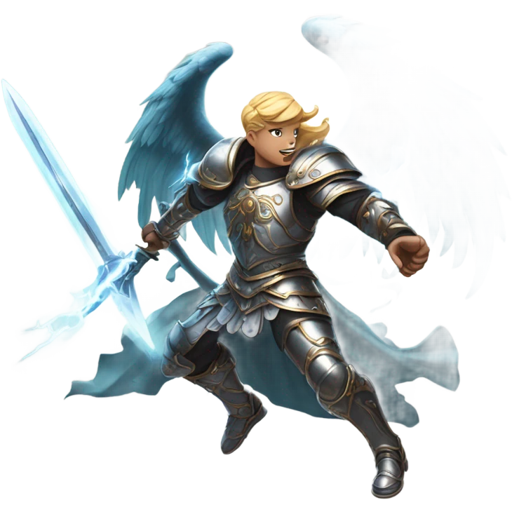 angel vs demon in a lively fight mid flight with swords and armor and lightning emoji