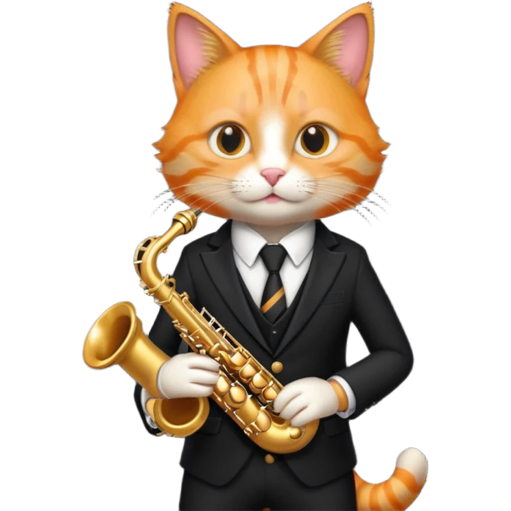 orange cat play gold saxophone, wear black suit emoji