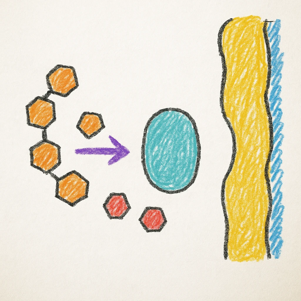Ultra-detailed illustration of enzyme digestion: amylase breaking starch into sugars near a cell membrane. Clean white background, no text. Scientific but simple emoji