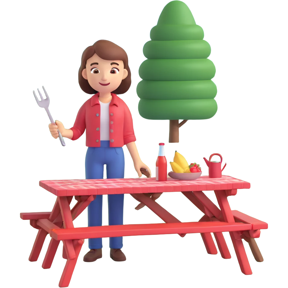guy cooking BBQ, holding tongs, picnic table, relaxed vibe emoji