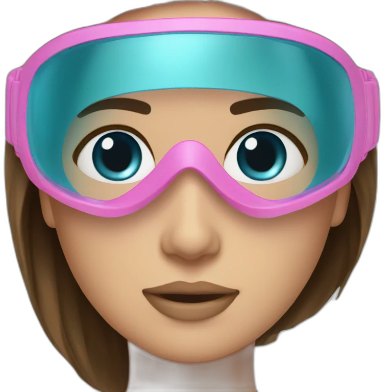 woman large and straight brown hair, pink diving mask with a single crystal-blue eyes emoji