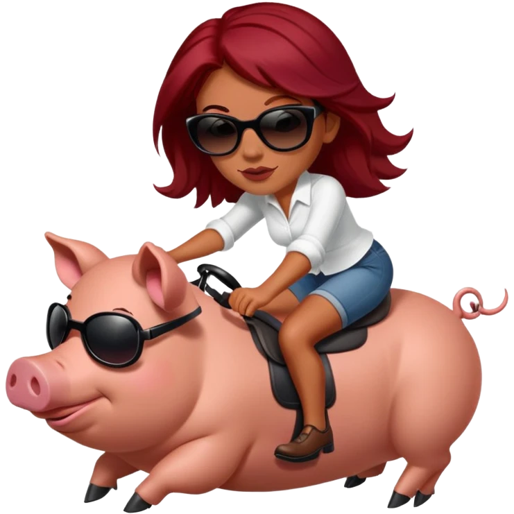 Women with dark red hair and slightly tanned skin riding a pig with sunglasses emoji
