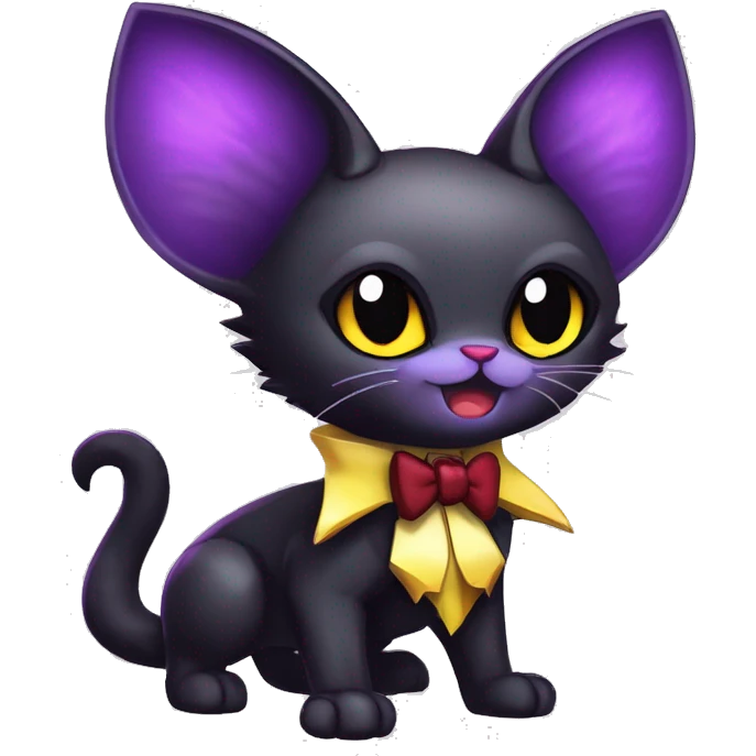 Cute-Evil-Vampiric-Batty-Cat-Black-Purple-Red-Yellow-Contrast-Colors-Fantasy-Fur-Sona-Chibi-Shiny-Fakémon-Hybrid with horns and big fangs neck bow white tie leg spats full body emoji