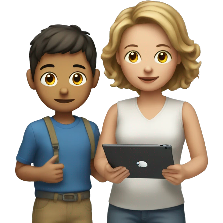 young student with iPad and his mother emoji