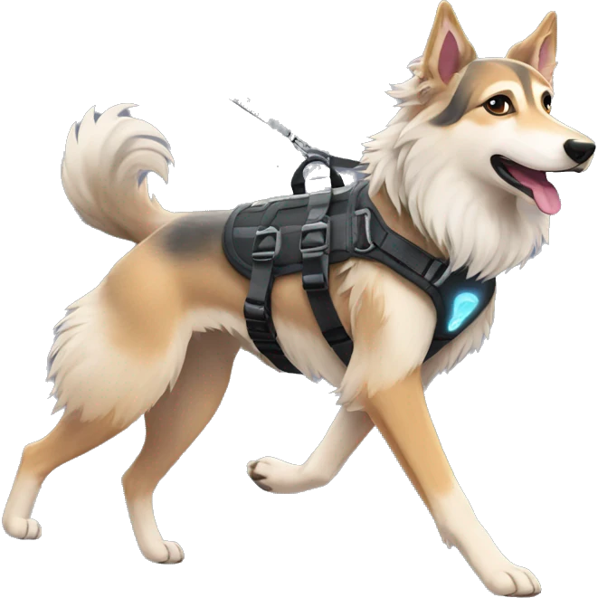 Fluffy dog saluki German shepherd husky with tattoos and holographic harness running emoji