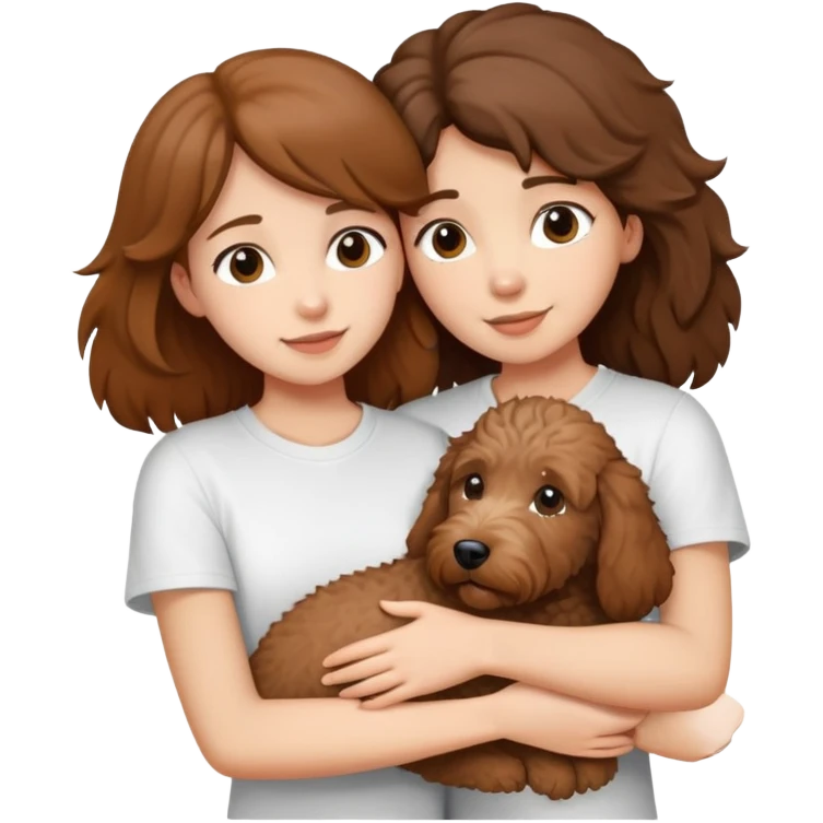 One girl with medium long brown hair dressing white T-shirt, hugging One little brown coated labradoodle. emoji