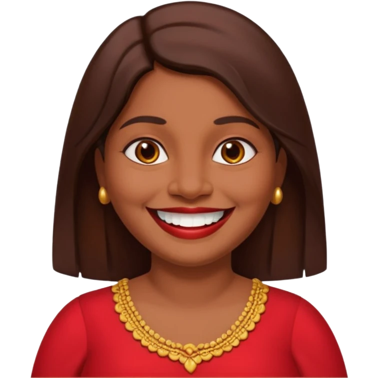 50 yr old chubby Sri Lankan woman, dark skin, straight brown hair, big smile, white teeth, red dress clothes, longer hair straight emoji