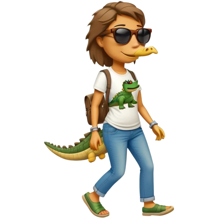 anthropomorphised female crocodile in a band t-shirt and jeans wearing sunglasses walking upright emoji