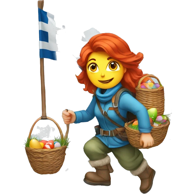 red hair female winter mountaineer climbing with Easter eggsbasket and Greek flag emoji