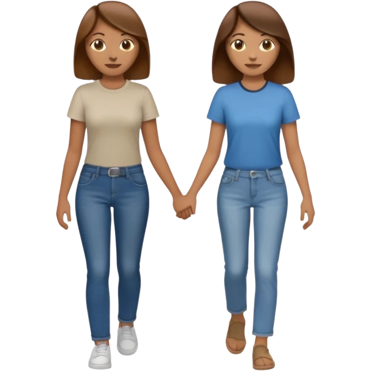 based on emoji style, two people walking together, They are not holding hands. one is brown-haired woman, wearing a shirt,  Another one is a non-binary person, wearing t shirt and jeans, and the second person doesn't have anything on their hands.  emoji