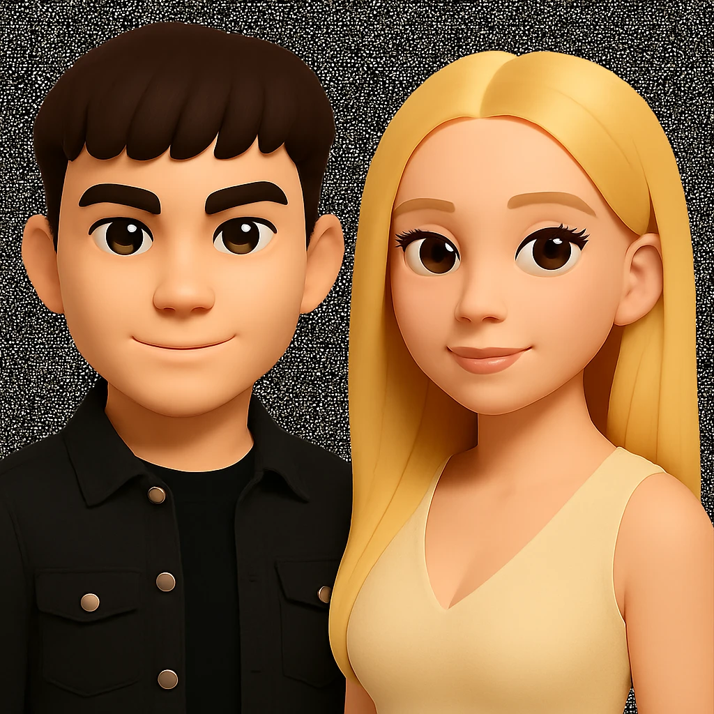 Slightly increase the volume of the upper body of the girl, separate the girl and the boy from each other, and make the skin color the same for both characters. Maintain the cartoonish 3D style in the image. emoji