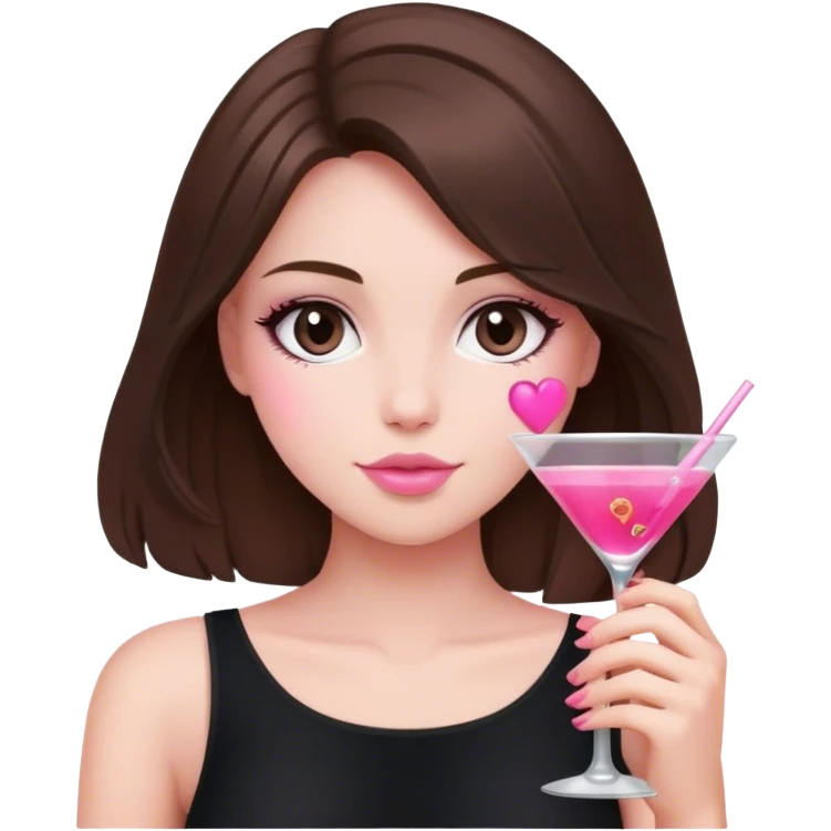 brunette hair down girl black top holding a pink cosmo emoji