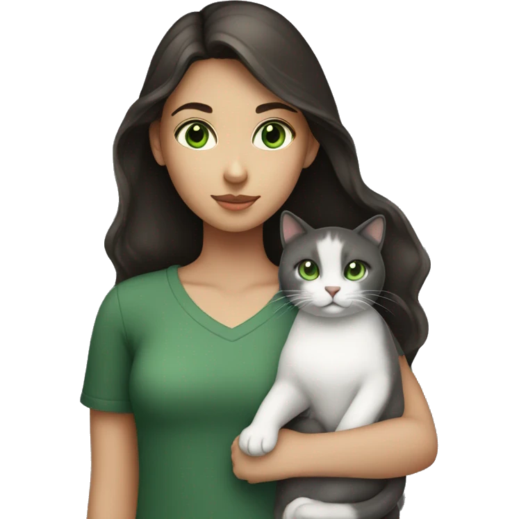 A girl with green eyes and dark brown hair holding a white and dark grey cat  emoji