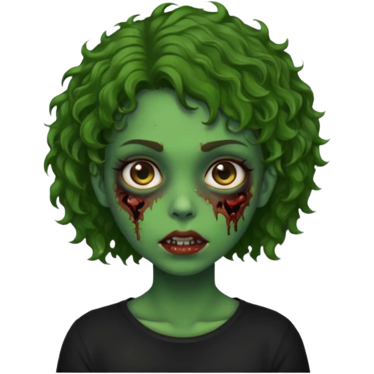 Zombie girl emoji verde com cabelo curto cacheado castanho no ombro com uma blusa preta emoji