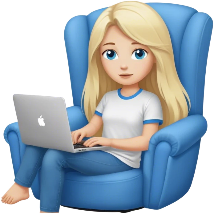 Cinematic realistic blonde with long hair, blue eyes, dressed in a T-shirt, sits in a soft, cozy armchair with a computer on her lap emoji