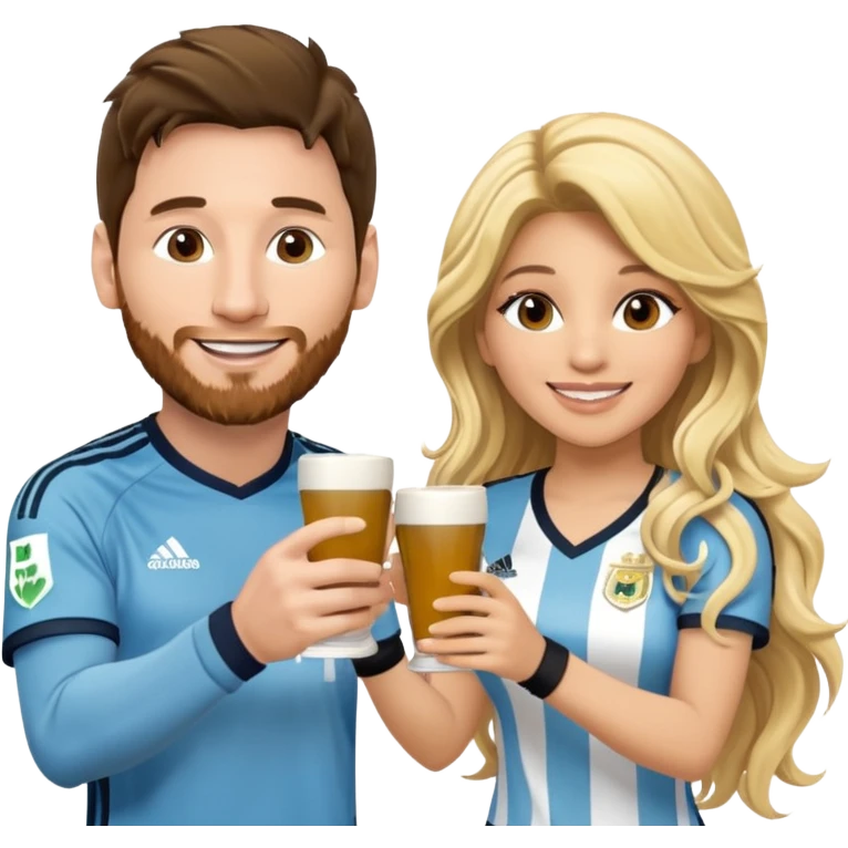 Lionel Messi in Argentina jersey and Shakira in stage clothes, smiling at each other, each holding a traditional yerba mate cup, making a cheerful toast, Shakira with long wavy blonde hair, emoji style, cute and fun, with a sunburst background emoji