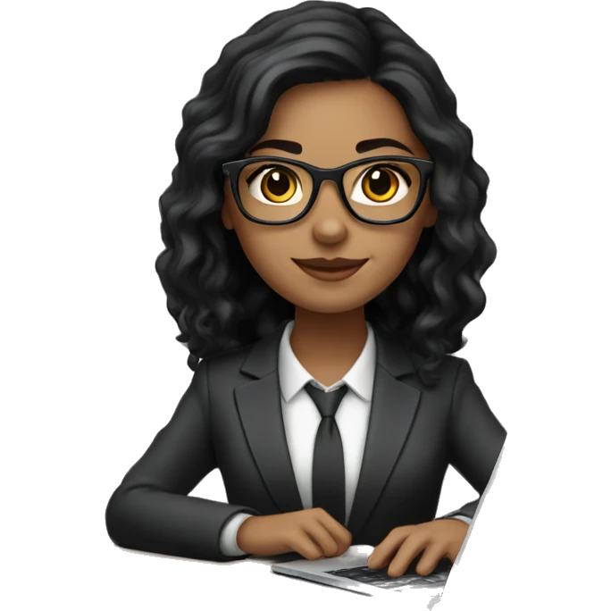 white girl with black hair wearing glasses and a classic suit working on laptop emoji