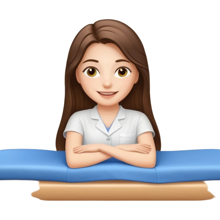 smiling white long brunette hair girl with hazel eyes on massage table emoji