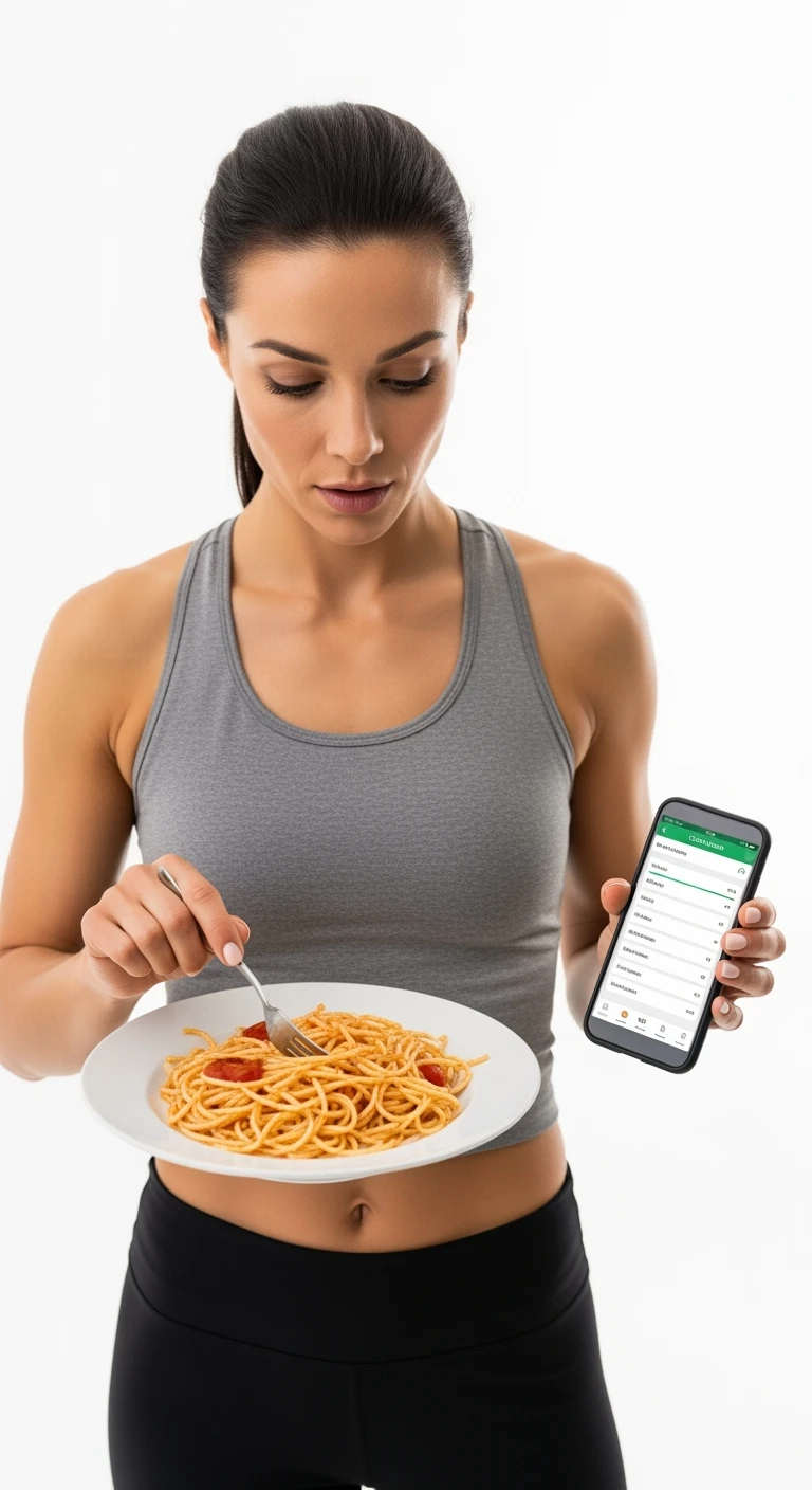donna fitness che calcola ossessivamente le calorie di quello che sta mangiando: in mano ha un piatto di pasta e nell'altra mano ha lo smartphone per segnare tutti gli alimenti, sfondo bianco emoji