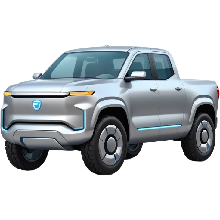 A futuristic electric pickup truck emoji, silver chrome body, angular cyber design, smooth metallic panels, subtle reflections, minimalistic proportions, iOS emoji style, centered composition, clean white background, soft lighting emoji