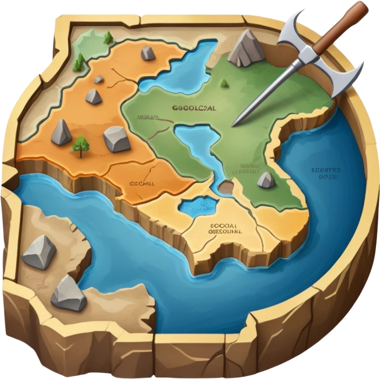 An icon featuring a crowbar and a geological map, and layers of Earth’s crust, symbolizing geology. The design includes mineral samples, fossils, and tectonic plates, representing the study of Earth’s structure and natural processes. Transparent background highlights geological exploration emoji