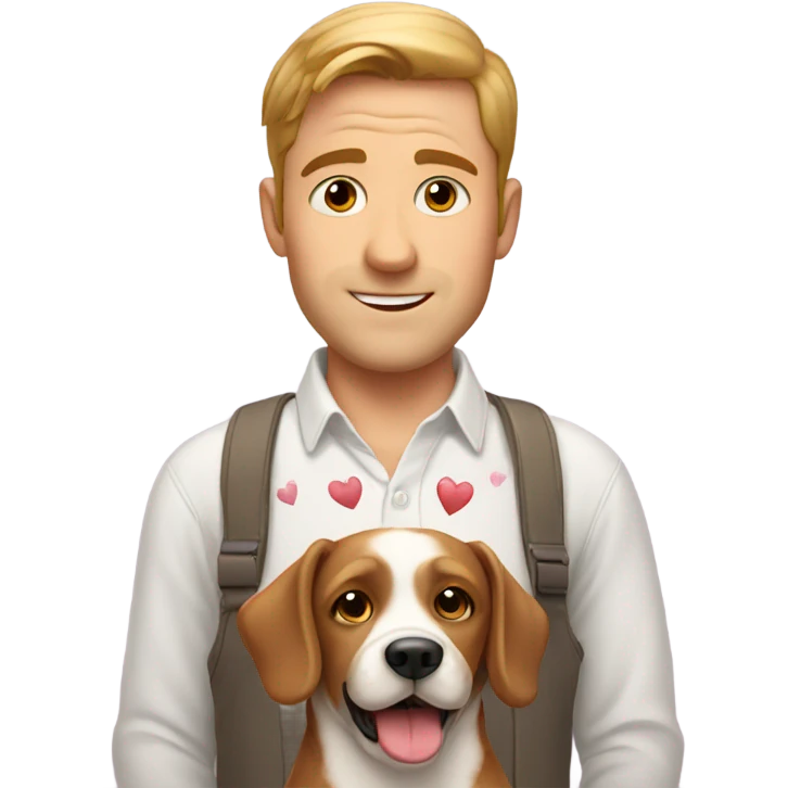 White guy with a shirt with a dog holding hearts emoji