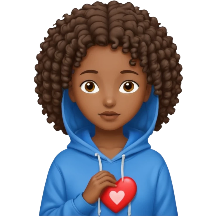 dark-skinned girl with short curly brown hair wearing a blue hoodie with heart and Jesus text emoji