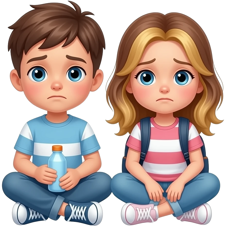 chico y chica  cansados el chico castanyo i con pelo corto y la chica pelo suelto y un poco rubia pero castaño y los dos tienen ojos azules son hermanos con uno una botella i otro una mochila. uno esta sentado emoji