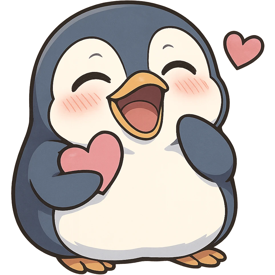anime style penguin laughing with a heart, looking sweet emoji