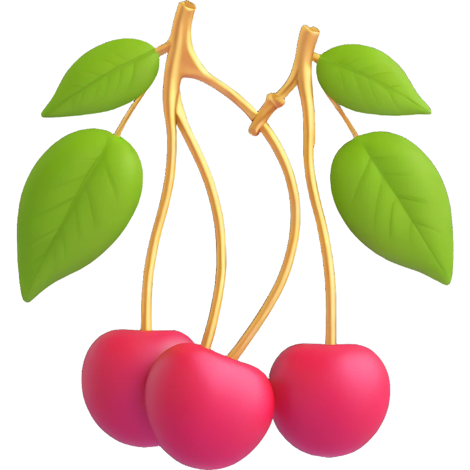 Two cherries with golden stems connected, paired with dark green leaves emoji