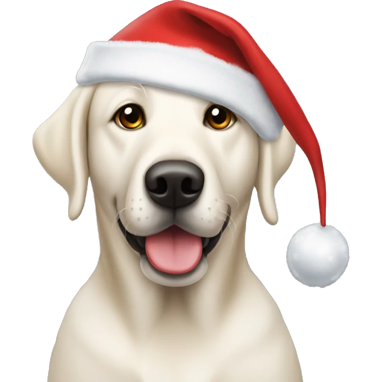 White lab wearing a Christmas hat emoji