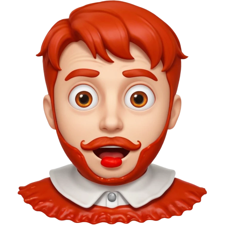 funny theater actor portrait, head and shoulders only, covered in tomato sauce, shocked wide eyes, awkward smile, stage costume collar, 3D cartoon, mobile game icon style, clean background, no text, no watermark
 emoji