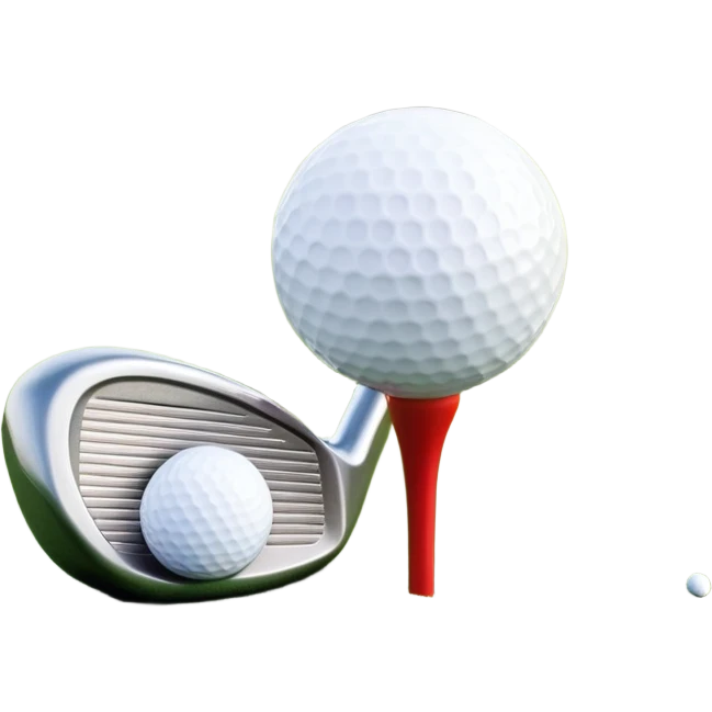 A golf ball on a tee with a golf club placed beside it, set against the backdrop of a well-manicured green golf course. The scene emphasizes the equipment and serene atmosphere of the sport, with soft lighting and a peaceful, open landscape emoji