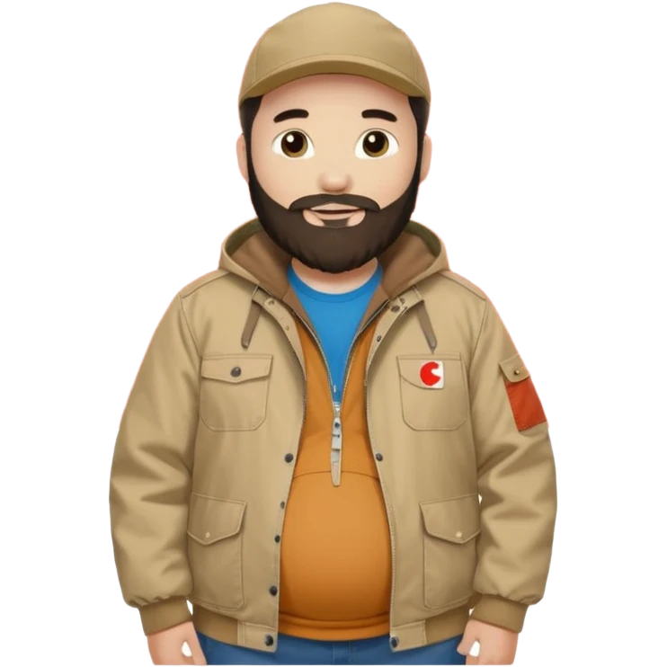 Bearded man with pregnant belly poking out of shirt wearing a tan canvas carhartt jacket next to chinese flag emoji
