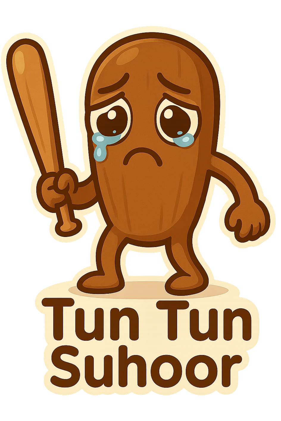 Make the chibi Tun Tun Suhoor wooden stick character look sad, with teary big cartoon eyes, downturned mouth, and slumped posture, in the chibi stickers style, with no background. emoji