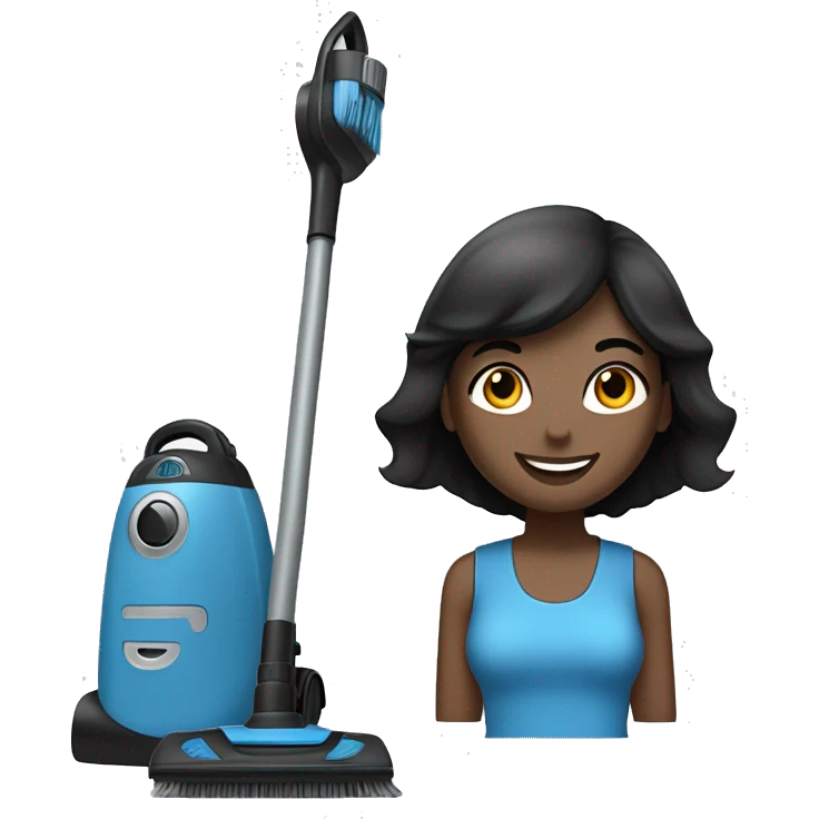 slate blue broom and vacuum cleaner, with a black lady, straight hair, small eyes, smiling emoji