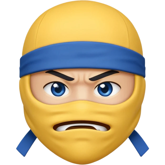 angry ninja face emoji, classic yellow emoji face, mouth fully covered by blue ninja uniform, only eyes visible emoji