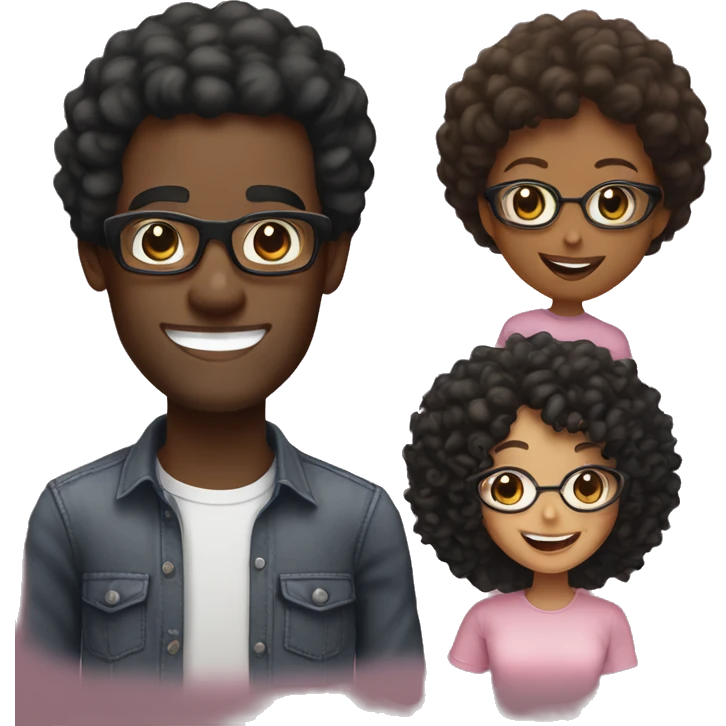 Black man, smiling, curly black hair, with black shirt, no glasses. And Fair woman, medium curly hair, smiling, light pink shirt, black glasses emoji