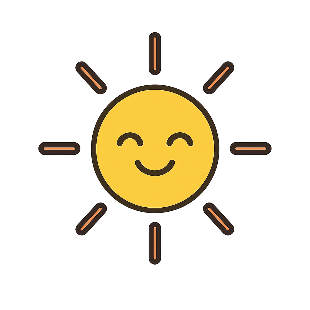 smiling sun with rays, black outline, color fills, clean icon style emoji