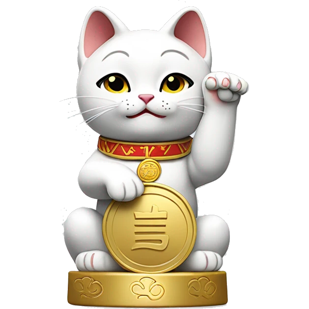 Japanese white maneki neko cat with its right arm raised and its left arm holding a golden koban coin emoji