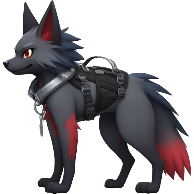 Cool Edgy Zorua-Zoroark-Mightyena with a collar and harness full body emoji