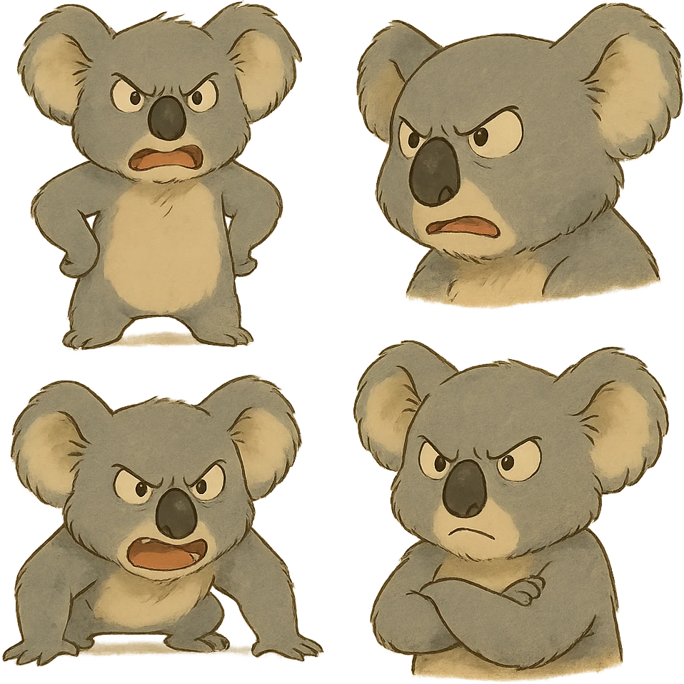 angry koala with different poses and expressions in ghibli style emoji
