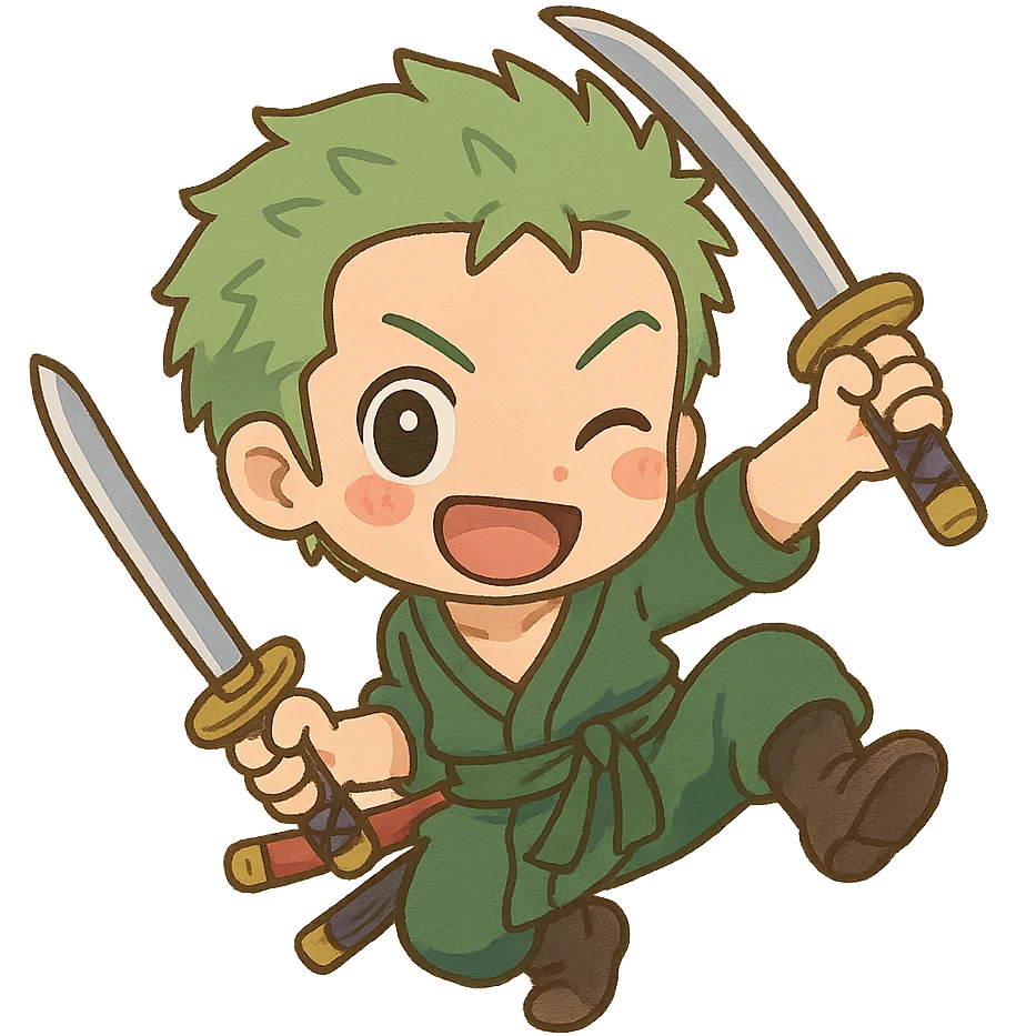 Zoro from One Piece in chibi cartoon style, holding swords, big eyes, playful pose emoji