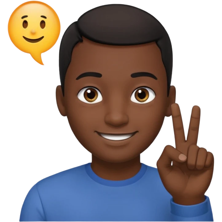 Male smiling with a big round head, dark skin, eyes looking to the side, pointer finger touching the outside corner of the eye emoji