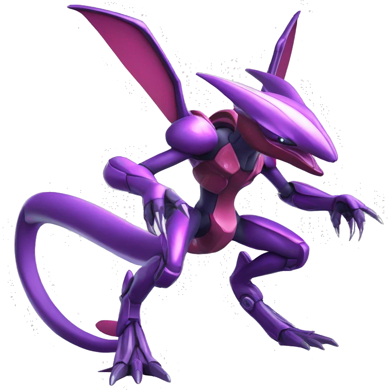 a shiny purple Genesect-Flygon-Raptor-Fakémon—hybrid with a futuristic visor-helmet full body emoji