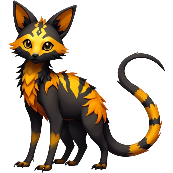 Rare realistic exotic edgy dark gothic gloomy spooky black and orange/yellow epic pretty beautiful handsome gorgeous aesthetic colorful vibrant Vernid-Trico-species-Fakemon-creature by LiLaiRa, 4 legs, 1 tail, random markings, (full body) emoji